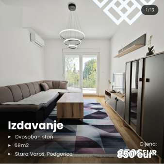 Izdavanje,Dvosoban stan ,68m2,Stara Varoš ,Podgorica 