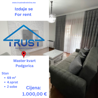 Dvosoban stan, 69 m2, Master kvart, Podgorica, Izdavanje