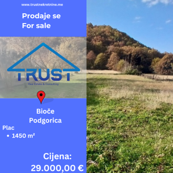 Plac, 1450 m2, Bioce, Podgorica, Prodaja 