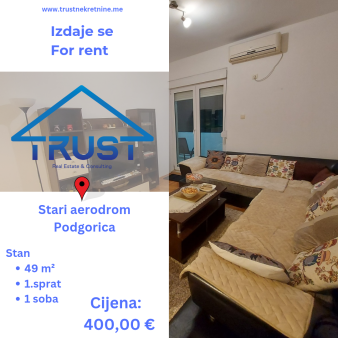 Jednosoban stan, 49m2, Stari Aerodrom, Podgorica, Izdavanje