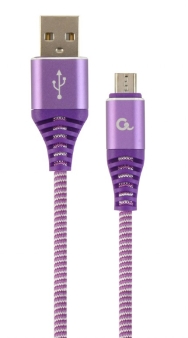 Premium cotton braided Micro-USB charging and data cable, 1 m, purple/white