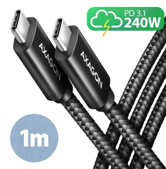 Axagon USB kabl za prenos podataka i punjenje 1m, 240W, Crno pleteno.