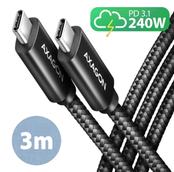 Axagon USB kabl za prenos podataka i punjenje 3m, 240W, Crno pleteno.