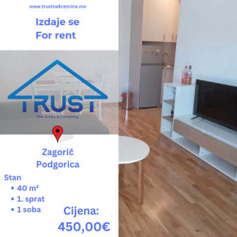 Izdaje se jednosoban namješten stan površine 40 m2!