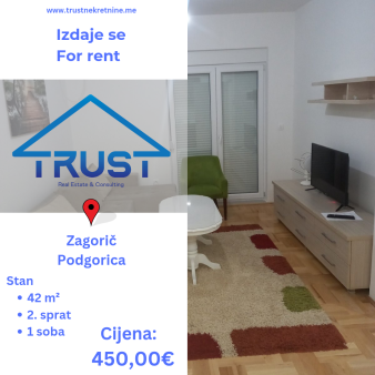 Jednosoban stan, 42 m2, Zagoric, Podgorica, Izdavanje