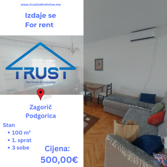 Trosoban stan 100m2, Zagorič, Podgorica, Izdavanje