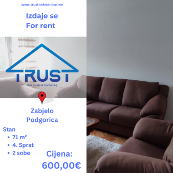 Dvosoban stan 71m2, Zabjelo, Podgorica, Izdavanje 