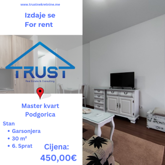 Garsonjera 30m2, Master kvart, Podgorica, Izdavanje