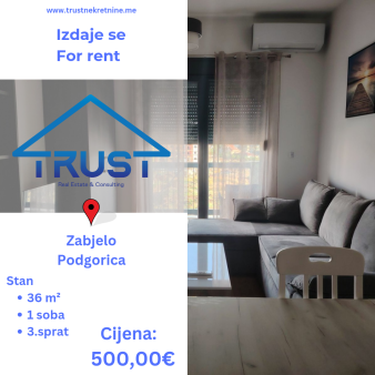 Jednosoban stan, 36 m2, Zabjelo, Podgorica, Izdavanje