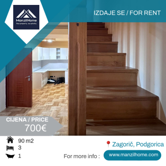 Trosoban duplex stan, 90m2, Zagorič, Podgorica, Izdavanje