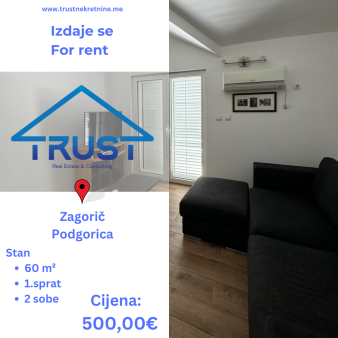 Dvosoban stan, 60 m2, Zagorič, Podgorica, Izdavanje