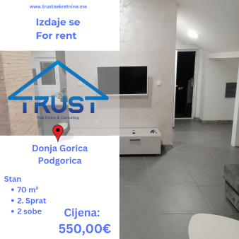 Dvosoban stan, 70 m2, Donja Gorica, Podgorica, Izdavanje