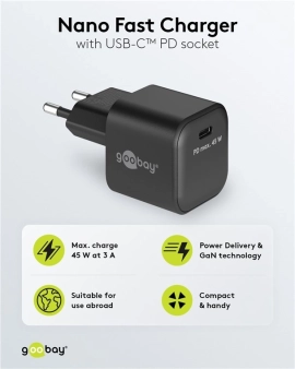 USB-C™ PD GaN brzi punjač Nano (45 W) crni