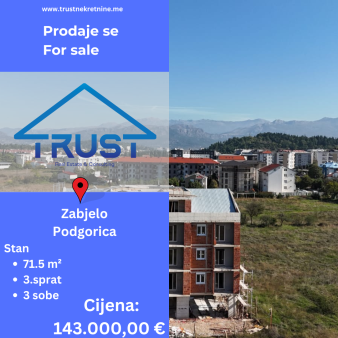 Trosoban stan u izgradnji, 71.5 m2 Podgorica, Zabjelo, Prodaja 