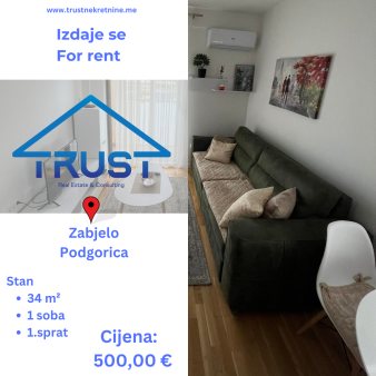 Jednosoban stan, 34 m2, Zabjelo, Podgorica, Izdavanje