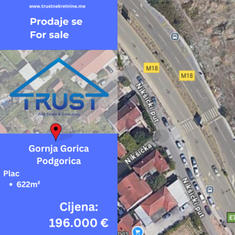 Plac, 622 m2, Gornja Gorica, Podgorica, Prodaja 